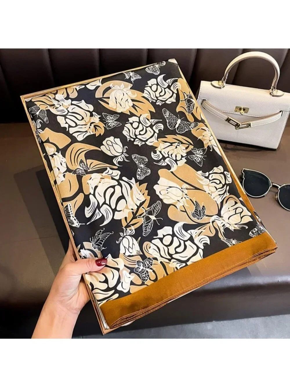 Women's White Brown Lightweight Silk Scarves Flower Print Head Cotton Wrap Scarf